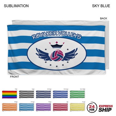 24 Hr Express Ship - Cabana Stripe Sublimated Plush and Soft Velour Terry Beach Towel, (30"x60")